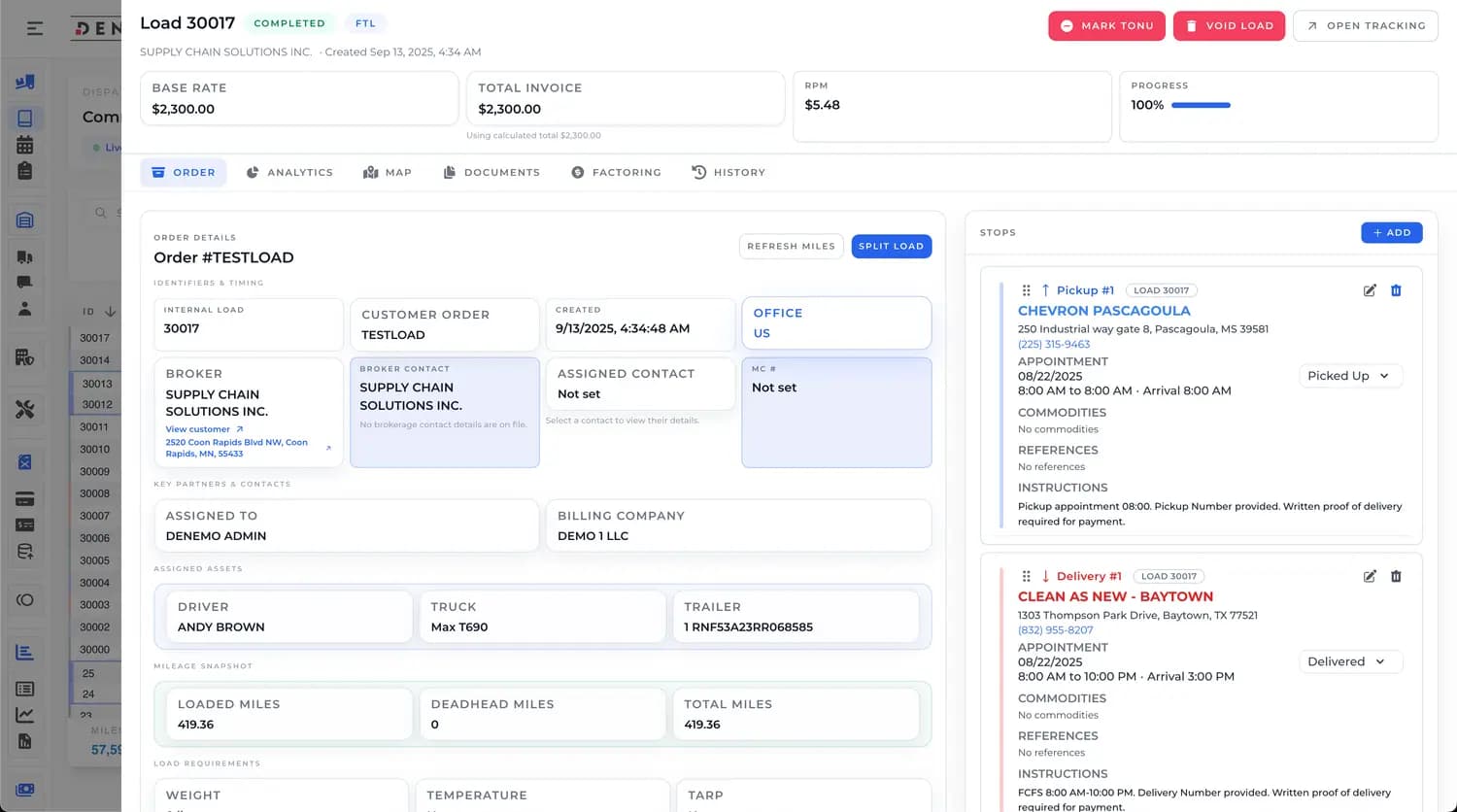 DENEMO control center showing dispatch workflow