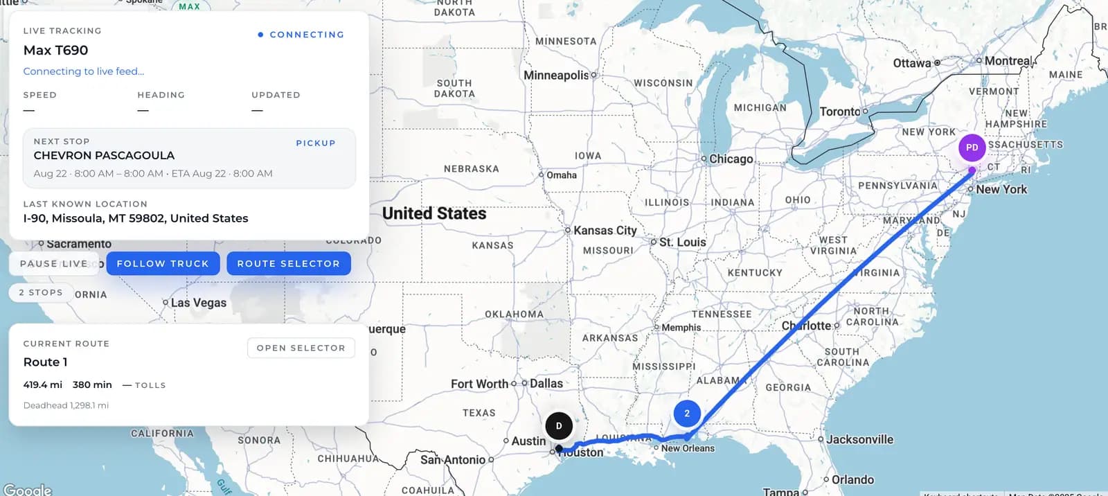 DENEMO dispatch map showing tractors and shipments