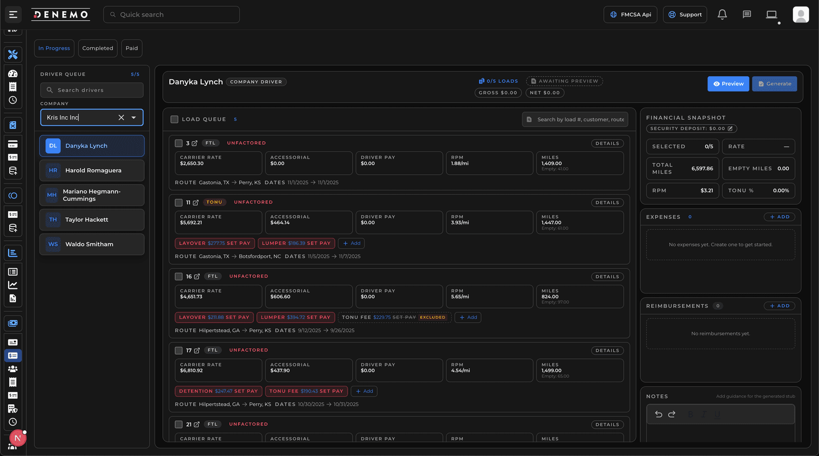 Driver pay stub creation screen in DENEMO