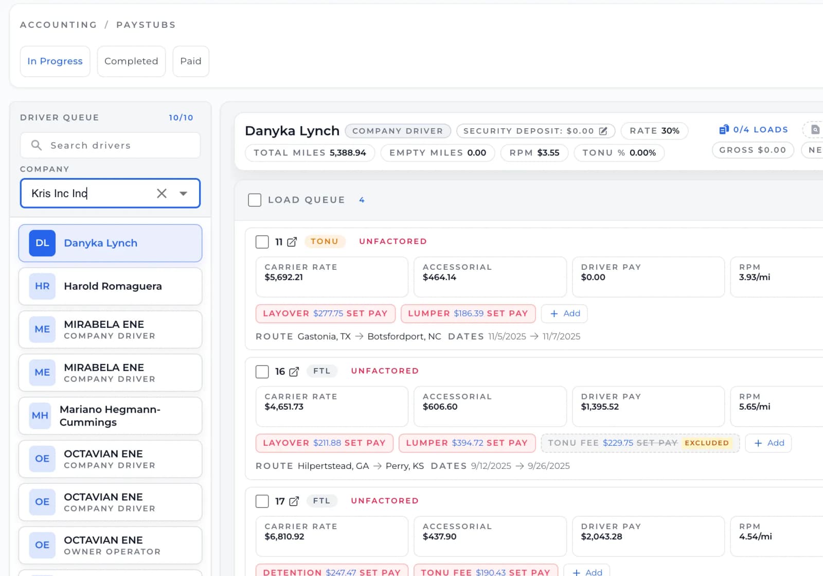 Driver pay and settlements
